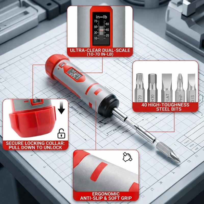 42-Piece Torque Screwdriver Set, 10-70 in-lb Inch Pound Torque Wrench with 40 CR-V Bits, 1/4 Inch Drive, Magnetic Extension & Hard Case for Rifle Scope Mounting, Gunsmithing & Bike Repair 42pcs Torque Screwdriver Set