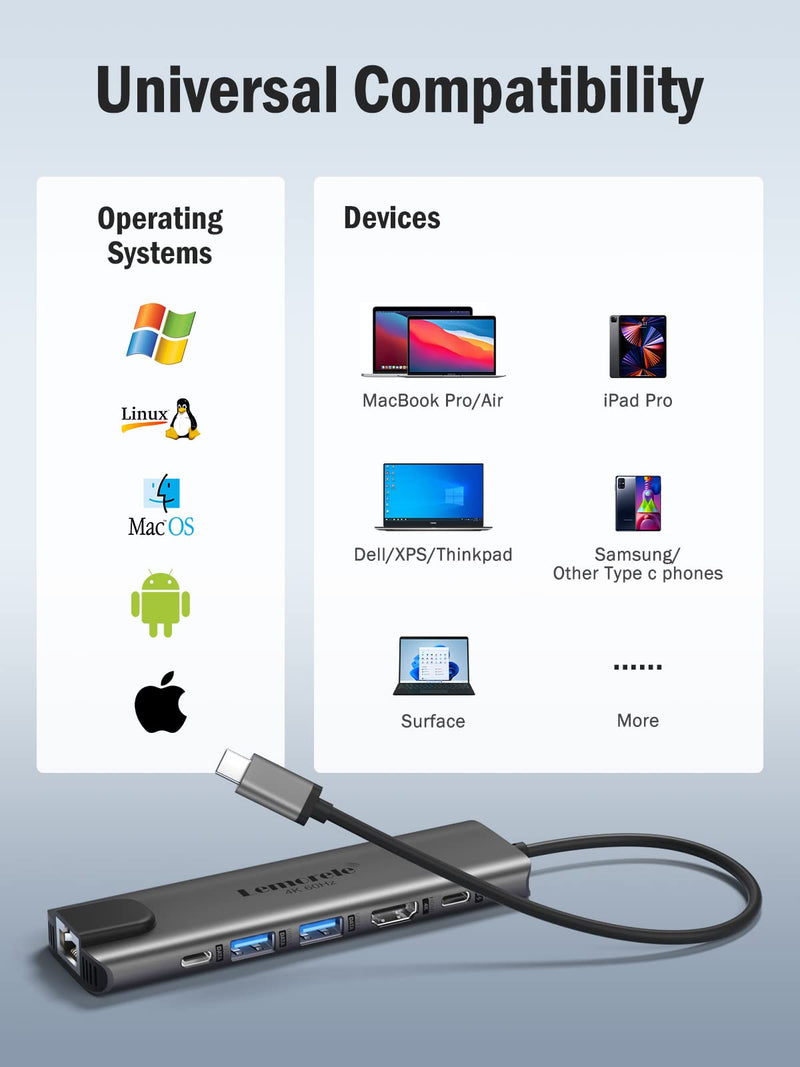 Lemorele USB-C Hub 6-in-1 with 4K@60Hz HDMI, Gigabit Ethernet,100W Power Delivery, USB-C and 2 USB-A 5 Gbps Data Ports for MacBook Air/Pro, Dell, Hp, XPS, and More Grey- 6 in 1