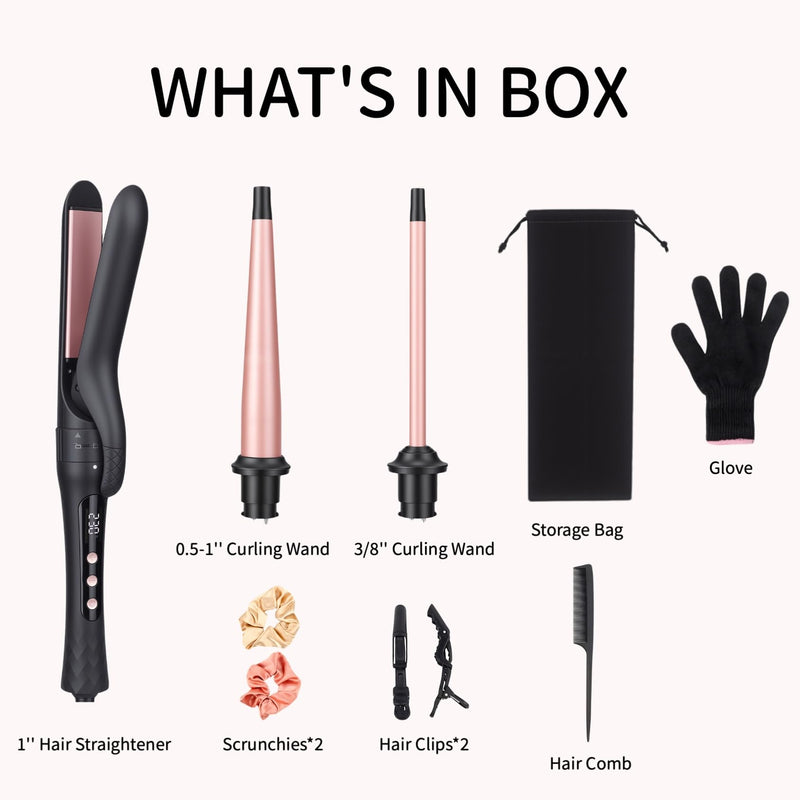 3 in 1 Curling Wand Iron Set with Interchangeable Ceramic Barrels | 9-25MM Hair Curler & Straightener on Short to Long Hair, 14 Temps & LCD Display, Dual Voltage for Travel