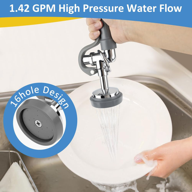 Pre Rinse Sprayer Valve, 1.42 GPM High Pressure Commercial Pre Rinse Spray Head Dish Sprayer Replacement Kit for Restaurant Industrial Faucets, Chrome Finished Gray