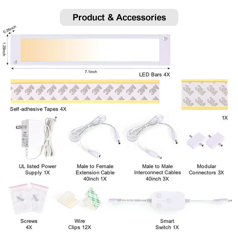 4pack 7inch Dimmable LED Kitchen Light Kit, 2700-6000K Smart Closet Cabinet Lighting Fixture APP Control, Work with Alexa, Google Assistant, for Under Counter, Garage, Pantry (White) White
