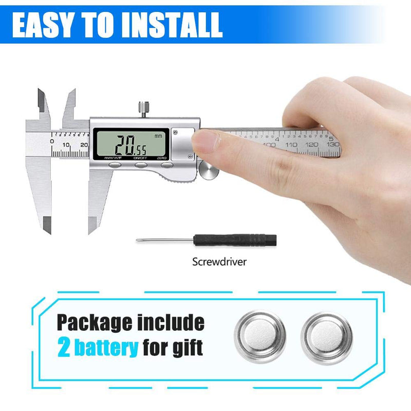 Digital Caliper Measuring Tool, Stainless Steel Vernier Caliper Digital Micrometer with Large LCD Screen, Easy Switch from Inch Metric Fraction, 6 Inch Caliper Tool for DIY/Household 20-F