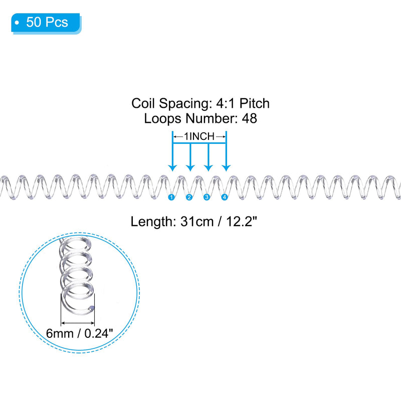 PATIKIL 6mm(1/4") Plastic Spiral Binding Coils, 50 Pcs Binding Spirals 30 Sheet Capacity 4:1 Pitch Binding Spirals for Binding Paper Sheets, Transparent 6mm(1/4")