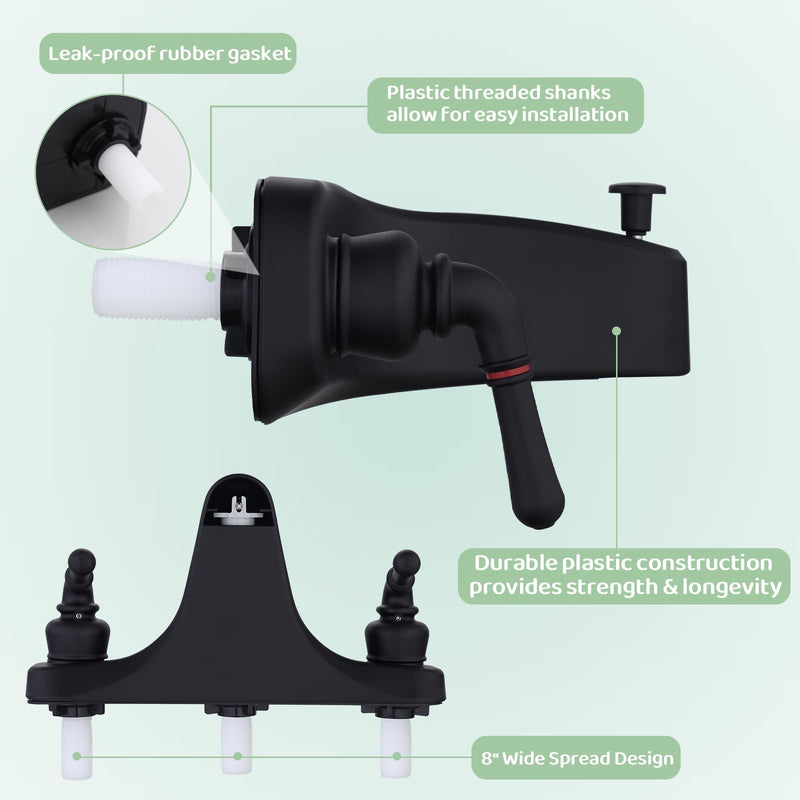 Tub/Shower Faucet 8" with Diverter for RV/Mobile Travel Home, Economical Two Handle Classic Shower Faucet Center-Set (Black) Black