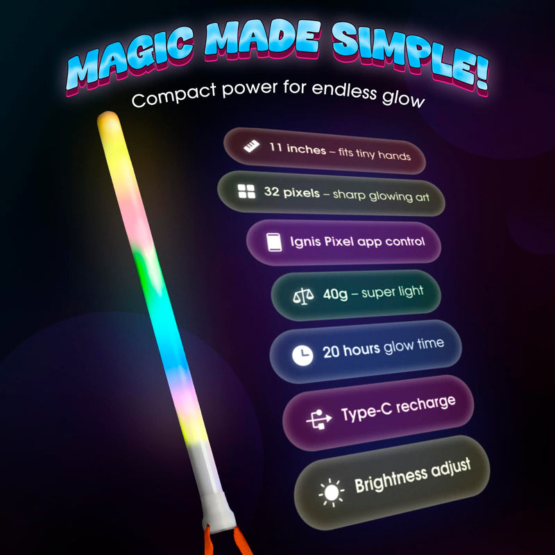 Ignis Pixel 32 Programmable LED Light Stick, 32 RGB Pixels, App Control, Custom Pictures and Animations, USB-C Rechargeable, 11 Inches, Glow Wand for Parties, Concerts, Night Light 32 LED / 11 in