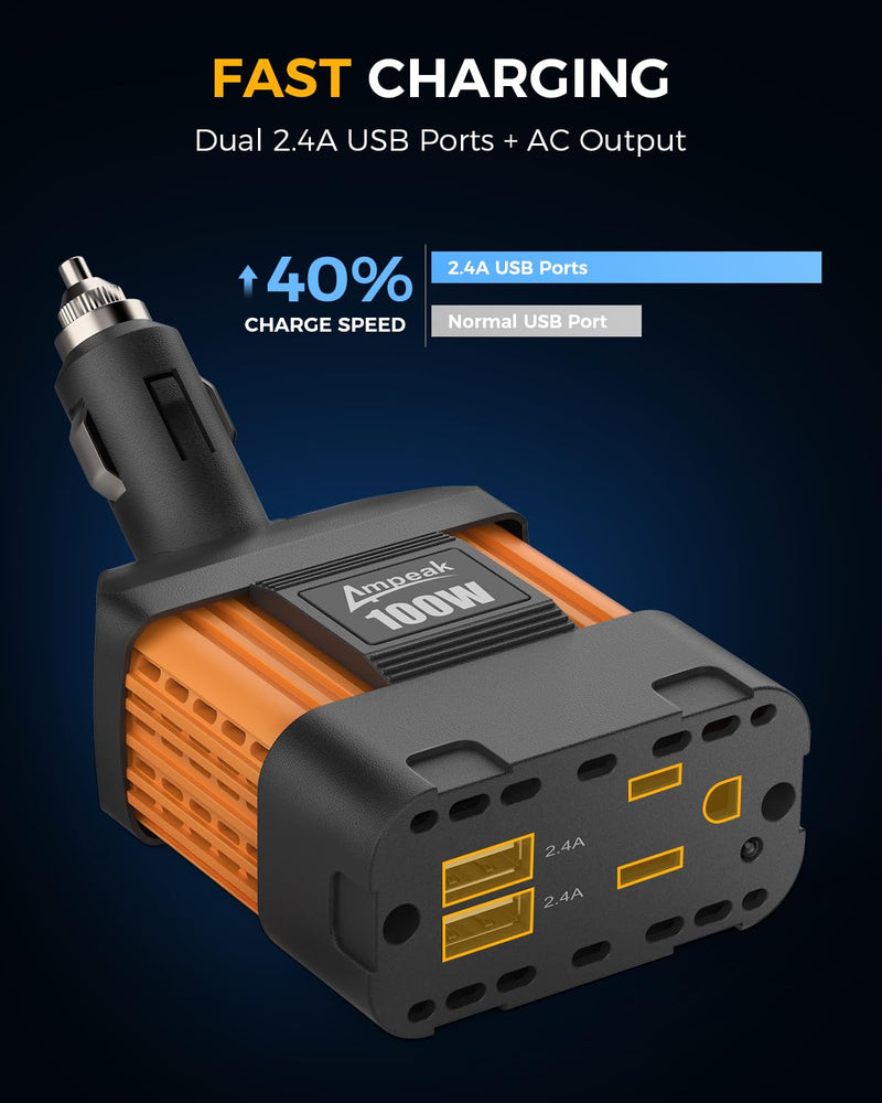 Ampeak 100W Car Power Inverter 4.8A Dual USB Ports AC Outlet 11 Safe Protections Cordless Cigarette Lighter Adapter for iPhone iPad Orange
