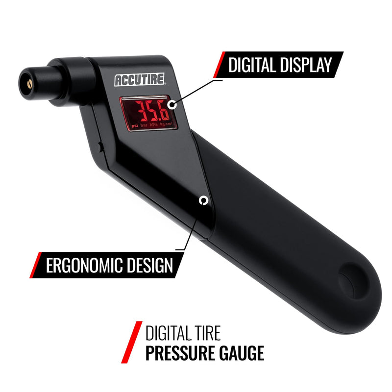 Accutire MS-4021B Digital Tire Pressure Gauge with 4 Valve Caps, 5-150psi (psi, bar, kPa, kg/cm2) 1-Pack Black
