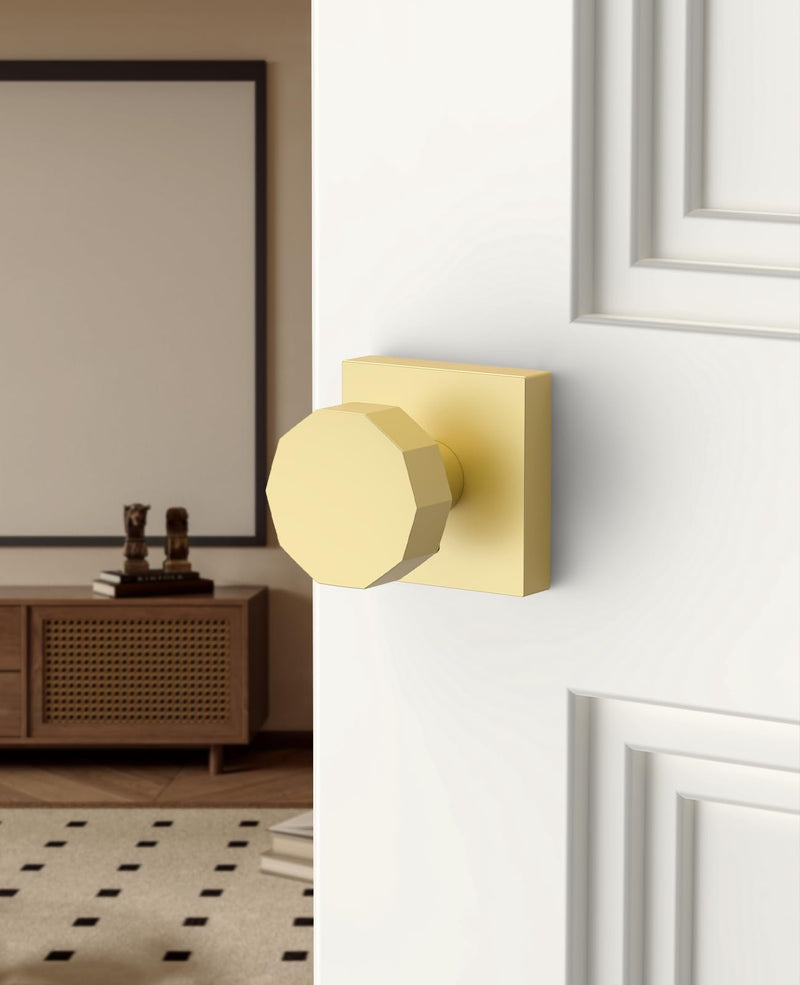 Asidrama 1 Pack Privacy Gold Door Knob with Lock, Brush Gold Door Knobs Interior for Bedroom or Bathroom, Heavy Duty Brush Gold Door Handle for Left Right Sided Doors 1pack Brushed Gold