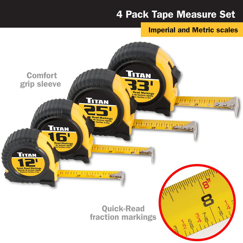 Titan 10902 Tape Measure with Easy-Read Standard Markings and Durable Case, 4-Piece Set, 12-Foot, 16-Foot, 25-Foot and 33-Foot 10.1 m