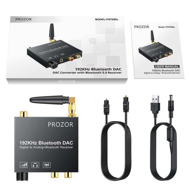 PROZOR 192kHz Digital to Analog Audio Converter with 5.0 Bluetooth Receiver,Optical to L/R Converter with Volume Adjustable, Optical Coaxial Bluetooth Digital Audio to Stereo Analog L/R & 3.5mm DAC Bluetooth Receiver with Adjustable Volume