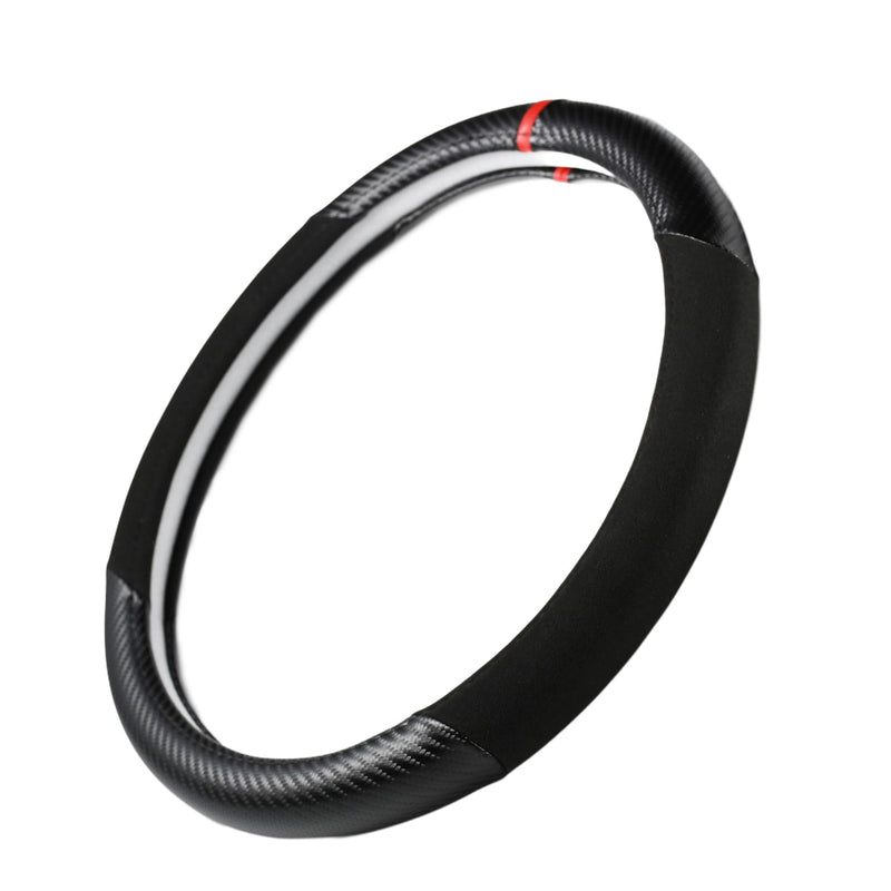 Carbon Fiber + Leather Steering Wheel Cover with Sporty Red Top Stripe, Non-Slip and Sweat Absorbent Universal fit All 14 ½ to 15 inches SW for Most Car SUV Pickup carbon pattern+black leather+ red circle
