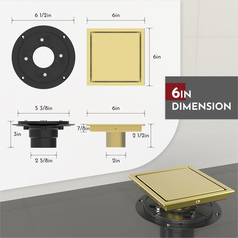 WEBANG 6 Inch Square Shower Drain Gold Floor Drain with Flange Reversible 2-in-1 Cover Tile Insert Grate Removable SUS304 Stainless Steel CUPC Certified Brushed Gold