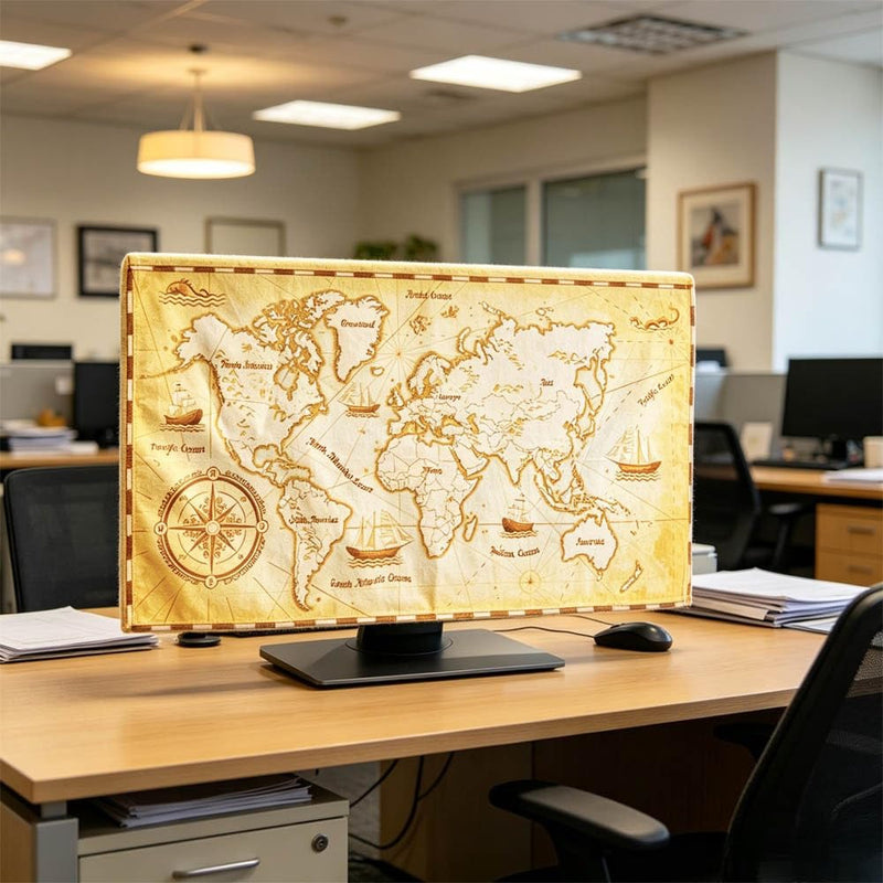 Retro World Map Print Indoor Computer Dust Proof Cover Soft Suede Fabric Slipcover Protection Screen Display From Scratches, Dirts, Fingerprint, Sunlight, 24in