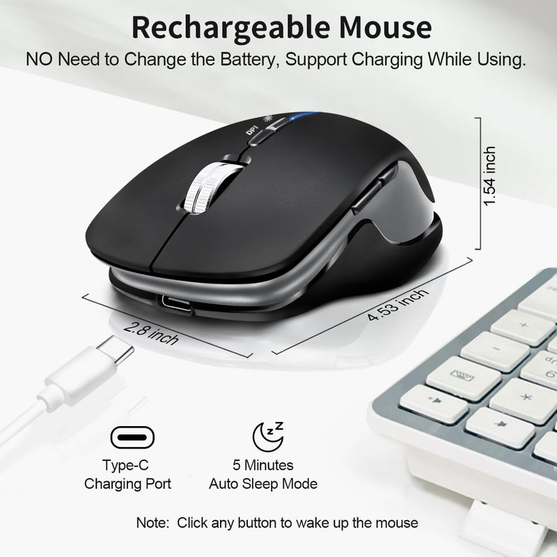 Wireless Ergonomic Mouse Bluetooth 2.4G Rechargeable | Ergonomic Grip, Silent Click, RGB Backlit, 5-Level DPI 1000-6400, USB-C Charging, Side Buttons, for PC/Laptop/Mac/iPad Black