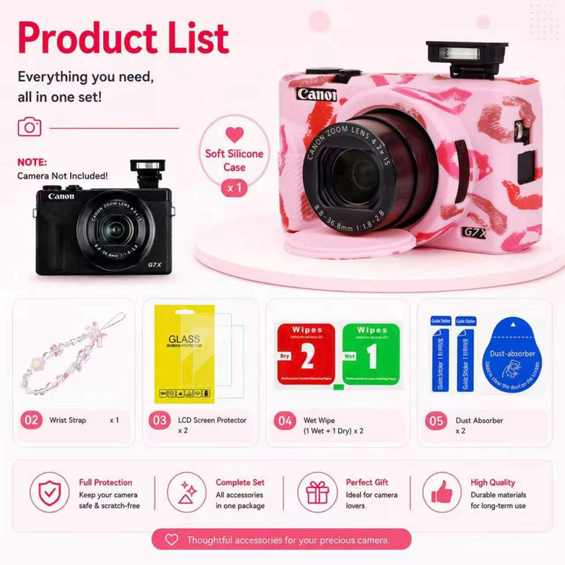 Cute Camera Case for Canon G7X Mark III,Silicone Protective Cover with Removable Lens Cap,Bracelet Wrist Strap & 2 Pack Tempered Glass Screen Protector for Women (Pink Lips) Pink Lips