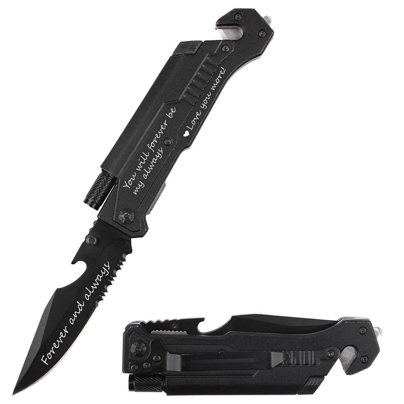 Husband Boyfriend Birthday Present, Pocket Knife with Box with 6 Functions, LED Light,Fire Starter,Bottle Opener,Seat Belt Cutter,Glass Breaker, Gift for Men, Anniversary, Father's Day Love-with box