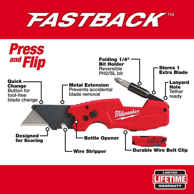 Milwaukee FASTBACK Compact Knife, and FASTBACK 6-in-1 Folding Utility Knives, w/Blade (knife 2pack) Red-black 2.5 inches