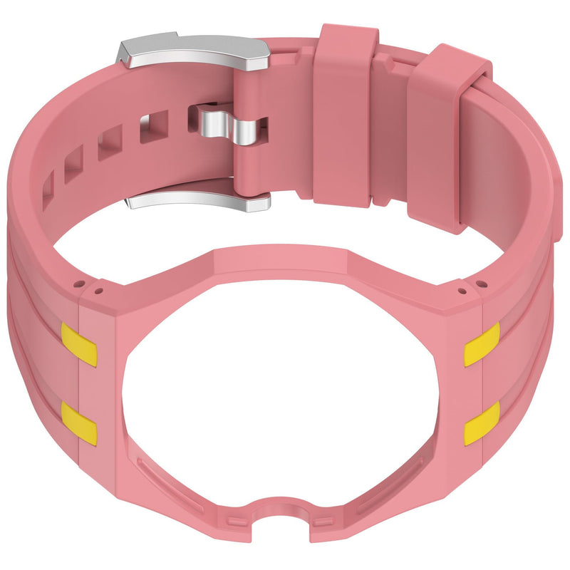 Rugged Case Band Compatible with AP x Swatch Royal Pop Watch Band, 10.6inches, Quick Release Bands Sport Replacement Strap, Sports Silicone Strap with Shockproof Frame Bumper Case for Men Women Strap pink&yellow-3-o'clock