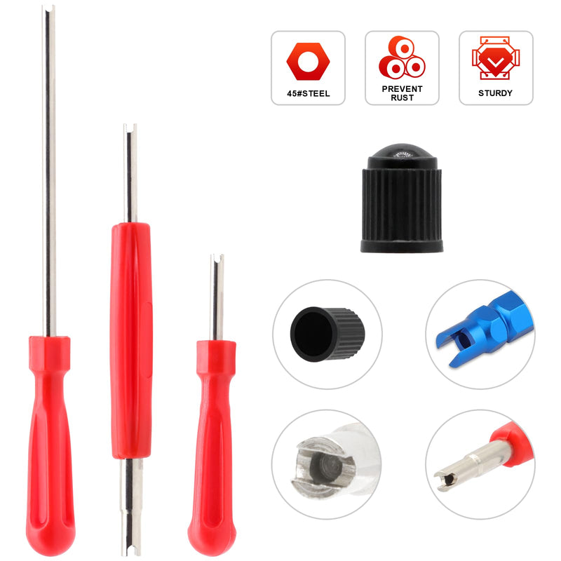 Valve Stem Removal Tool - 20Pcs Valve Cores, 10Pcs Tire Valve Caps, 4-Way Valve Tool, Valve Core Remover Tool Red