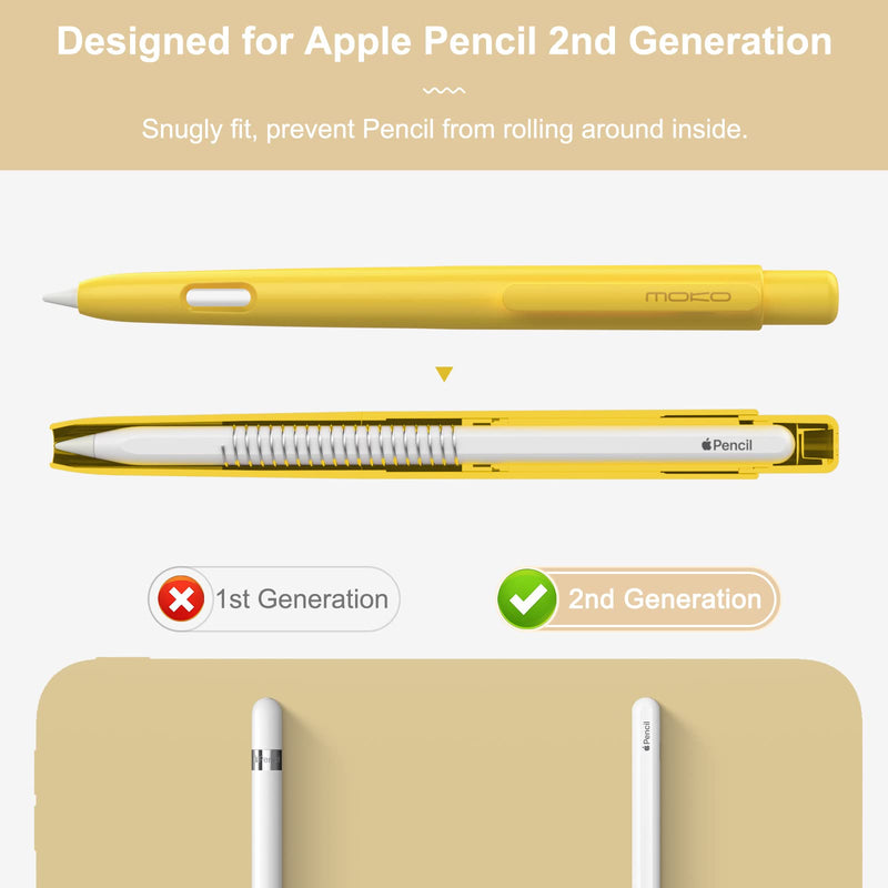 MoKo Holder Case Compatible with Apple Pencil 2nd Generation, Retractable Protective Apple Pencil Cover with Sturdy Clip, Hard PC Apple Pencil Case, Support Double-Tap, Yellow