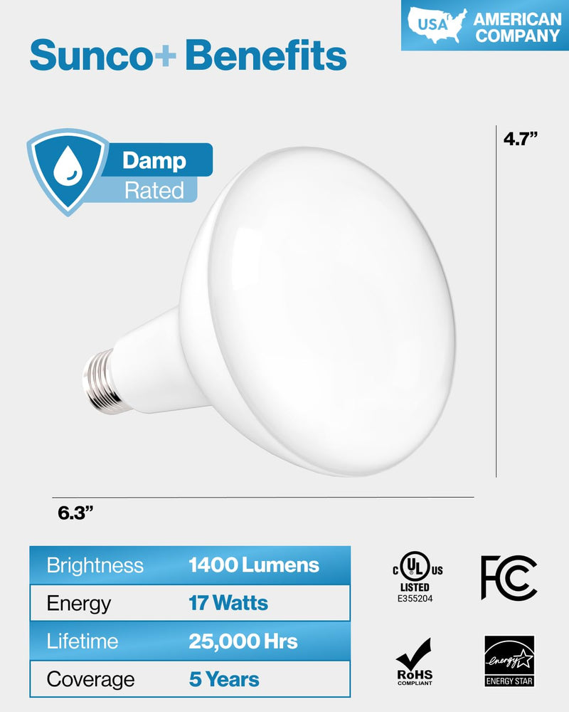 Sunco BR40 LED Light Bulbs, Indoor Flood Lights, Recessed Can Light Bulb, 1400 LM, 17W (100W Equivalent), 5000K Daylight, Dimmable, E26 Base, for Home, Bedroom, Kitchen UL 4 Pack
