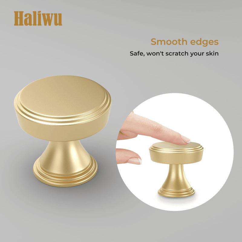 Haliwu 10 Pack Gold Cabinet Knobs Brushed Brass Drawer Knobs, Round Gold Cabinet Handles, Single Hole Kitchen Drawers Handles, Aluminum Alloy Hardware for Dresser Cupboard Brushed Gold