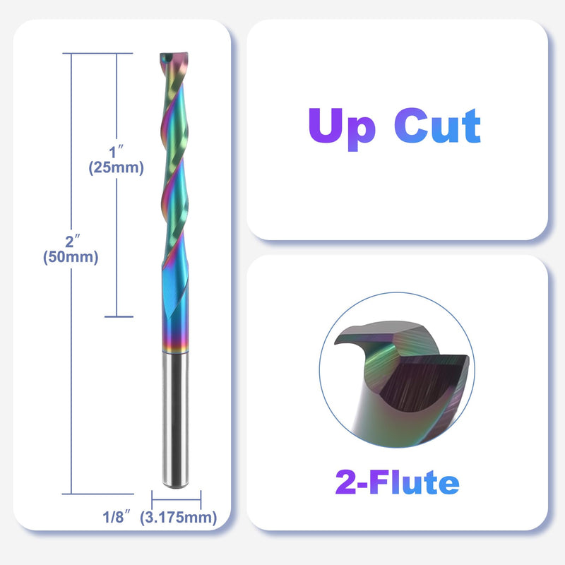 10 Pcs 1/8 inch Shank CNC Up-Cut Router Bits, 2 Flutes Spiral Solid Carbide End Mill with DLC Coating, CNC Milling Cutters for Precision Wood Carving Applications