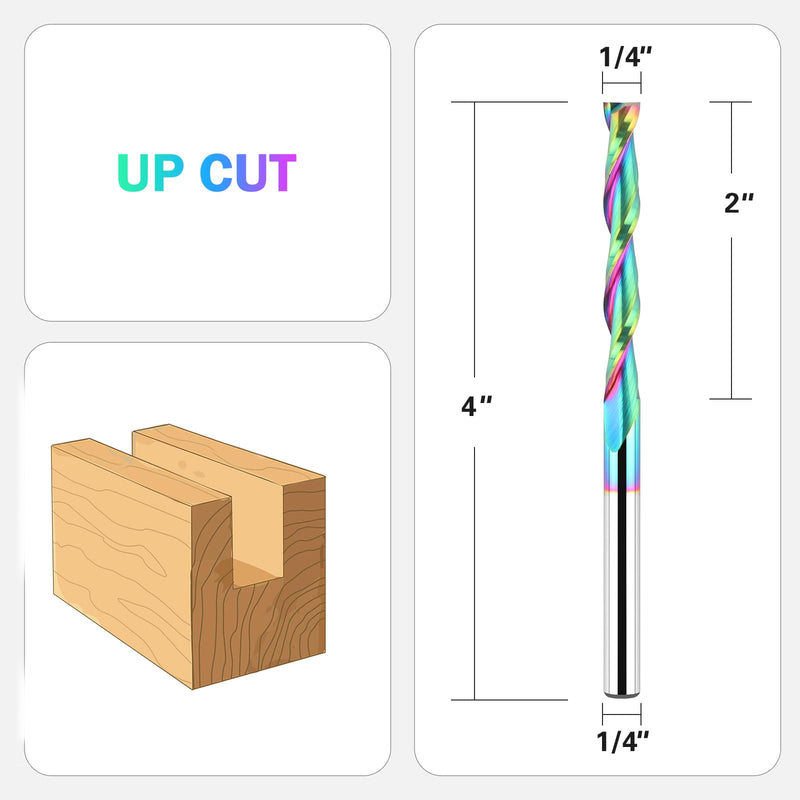 Upcut Spiral Router Bit Extra Long 4 Inch Overall Length, 2 Inch Cutting Length with TAC Extreme Tool Life Coated, Carbide Up Cut CNC Router Bits for Wood Carving Tools 1/4" Dia - 2" CL -1/4" Shank