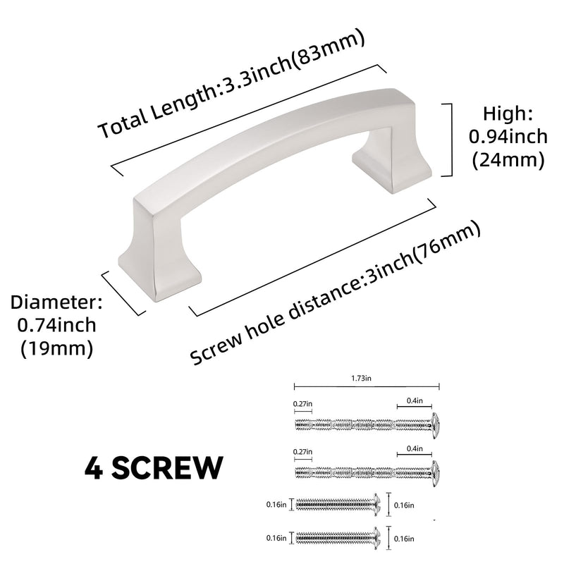 10 Pack 3 Inch(76mm) Cabinet Pulls Brushed Satin Nickel Kitchen Cabinet Pulls Drawer Pulls Solid Cabinet Hardware 3'' Hole Center(76mm) 10