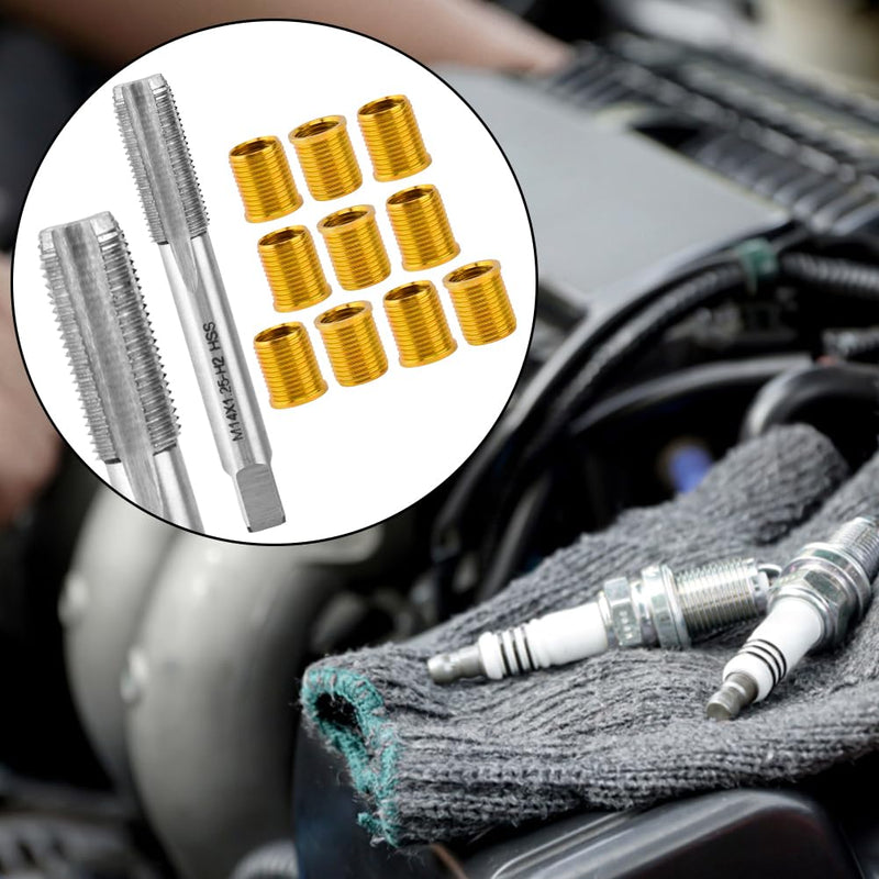 Spark Plug Thread Repair Kit, High Speed Steel Tap Spark Plug with M14x1.25 Inserts and M16x1.25 Tap Kit, Spark Plug Thread Repair Tools for Automotive Engine Repair(M12) M12