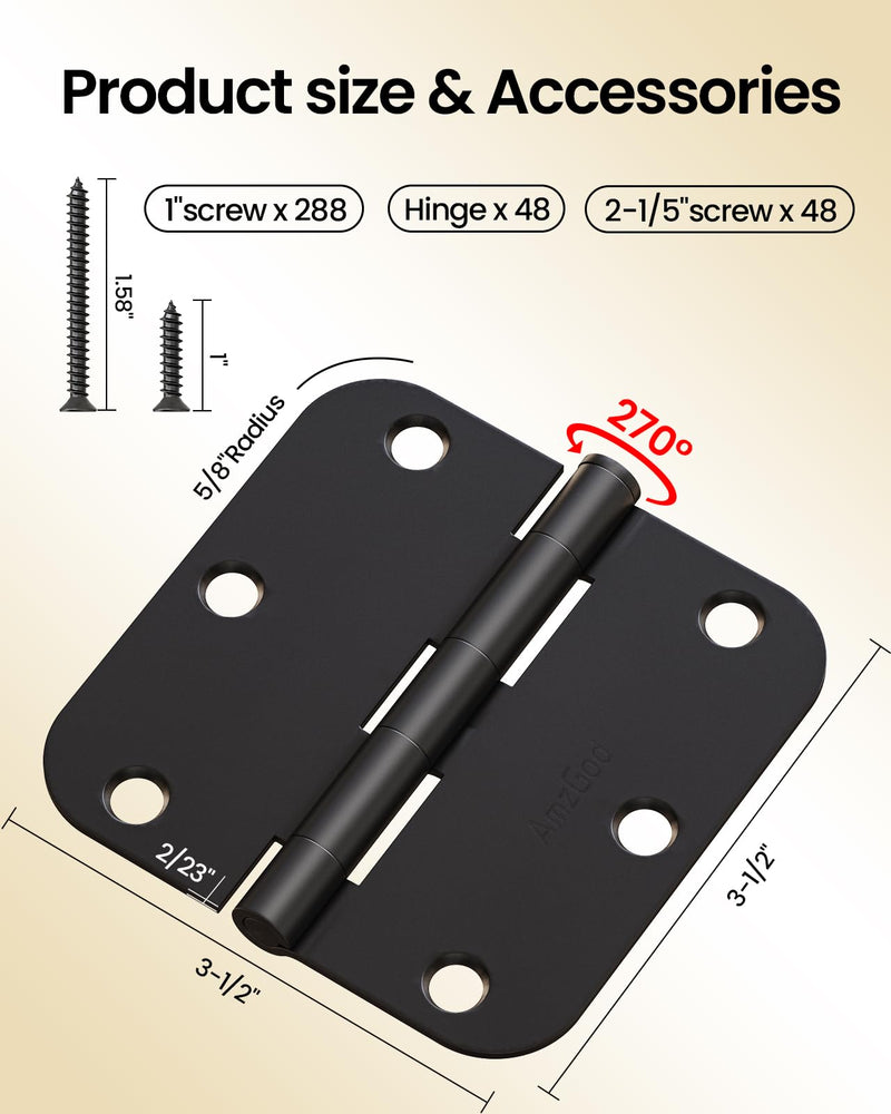 Black Door Hinges - 48 Pack 3.5 Inch Rounded with 5/8" Radius Matte Black Door Hinges for Interior and Exterior Doors - Heavy Duty 3 1/2" Residential Door Hardware