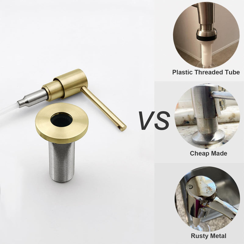Brushed Gold All Brass Sink Soap Dispenser for Kitchen Sink Deck Mounted with 17 OZ Above The Sink Refillable PET Bottle Brass Pump Head in Counter Dish Soap Dispenser Brushed Gold Short Pump Head