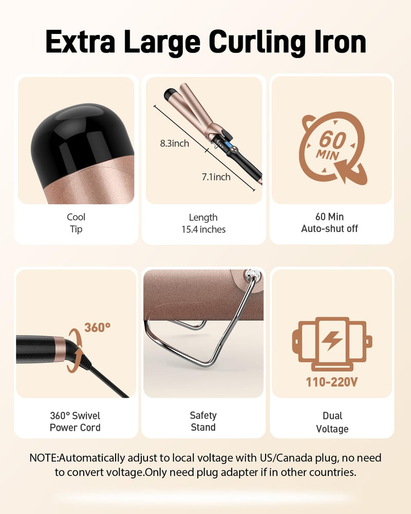 50mm Extra Large Curling Tong Long Barrel,Dual Voltage 100-240V,Beach Waves | Extra Large Curling Iron 50mm for Long Hair,Long Barrel Curling Wand 2 inch Ceramic Tourmaline,110-210°C,Auto Shut Off
