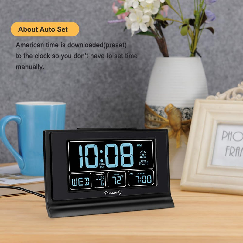 DreamSky Alarm Clocks for Bedrooms with Battery Backup, Auto Set Digital Clock with Date and Day of Week, Temperature, USB Port, Auto DST, Dimmer, 12/24H Black