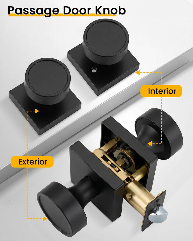 Goldenwarm Matte Black Door Knobs Passage, Closet Door Knob Zinc Alloy, Contemporary Black Interior Door Knobs for Hallway, 1 Pack