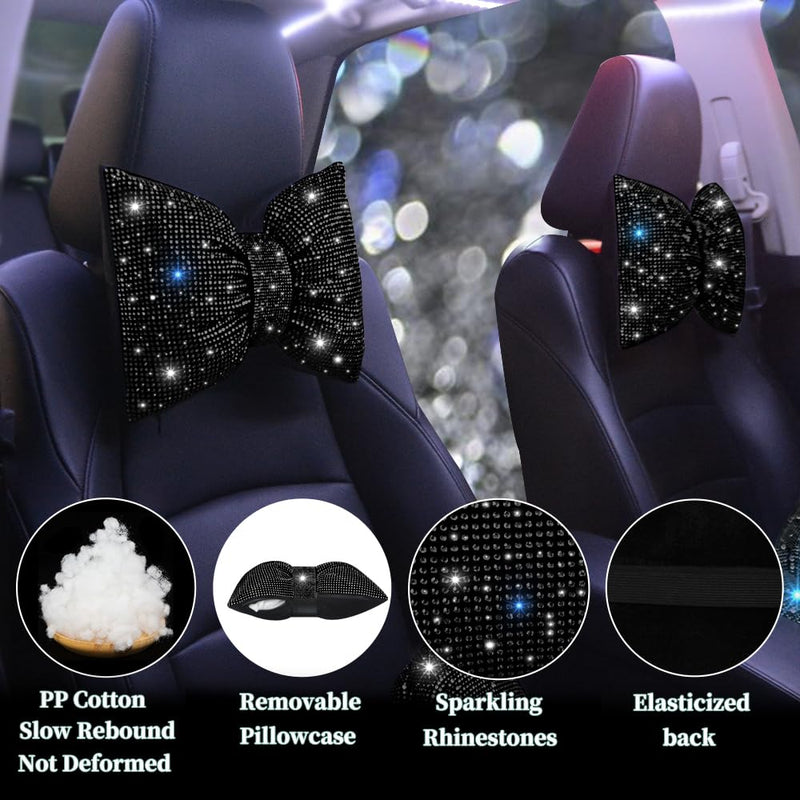 Car Headrest Pillow Bowknot Neck Support Pillow for Driver with Bow Tie Bling Diamond Head Neck Support Rhinestone Accessories for Girls and Women Black 2Pcs