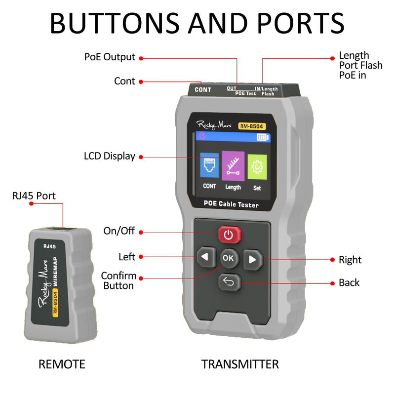 PoE Cable Tester, IEEE 802.3af/at/bt Compliant Network Tester with Port Flash Detection, Cable Length Meter, Continuity Test for CAT5 CAT6, 1500mAh Battery