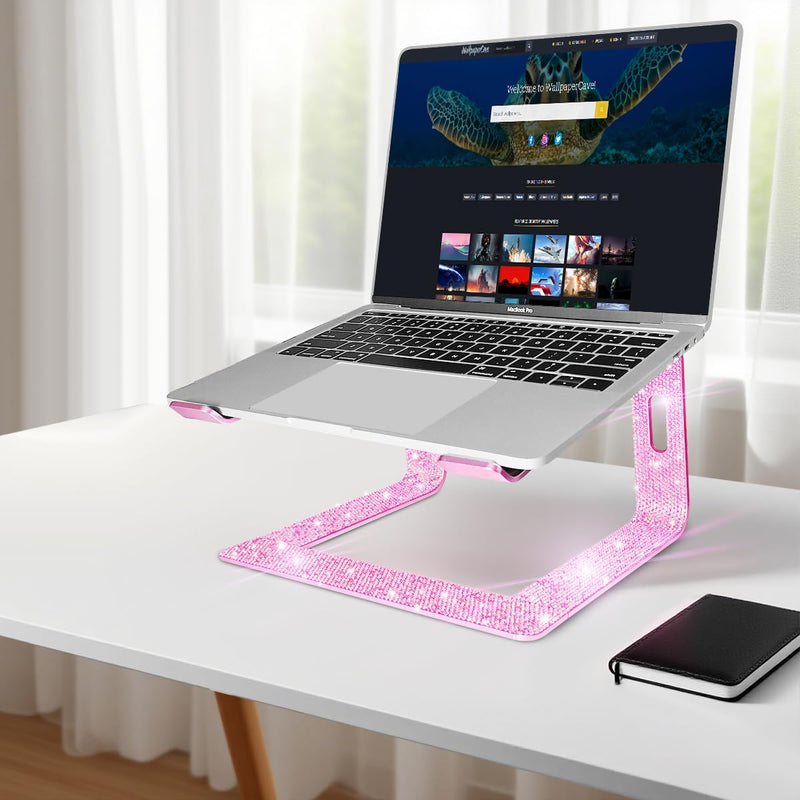 Bling Aluminum Laptop Stand,Glitter Ergonomicic Computer Stand for Desk with Sparkle Rhinestones,Detachable Notebook Riser Compatible with Air, Pro, Dell, HP, 10-15.6" Laptops (Pink) Pink