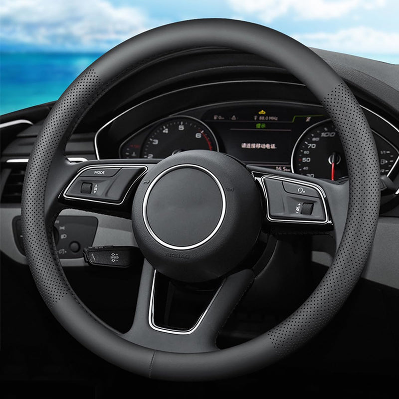 XHRING Car Steering Wheel Cover for Volvo XC90 XC60 S60 XC40 S90 S80 S70 XC70 V90 V70 V60 V50 V40 S50 S40 L200 C70 C30 T5 Momentum B5 R-Design T8 Recharge Accessories, Leather Black 14 ½''-15''