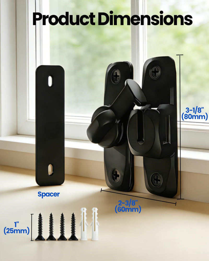 Barn Door Lock and Latche: Black 90/180 Degree Latch, Sliding Barn Door Locks, Small Sliding Gate Latch, Zinc-Alloy Bifold Door Latch for Cabinets, Bathroom, Window, Outdoor, Child Proof (4 Pack) 4 Pack