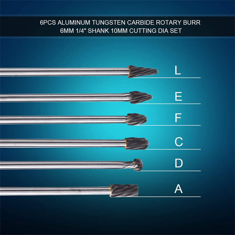 Rotary File, Rotary Bit Set, port and polish kit cylinder head porting tools 6pcs Tungsten Carbide Aluminum Rotary Files Burr Set 6mm Shank 10mm Cutting Diameter with High Abrasion