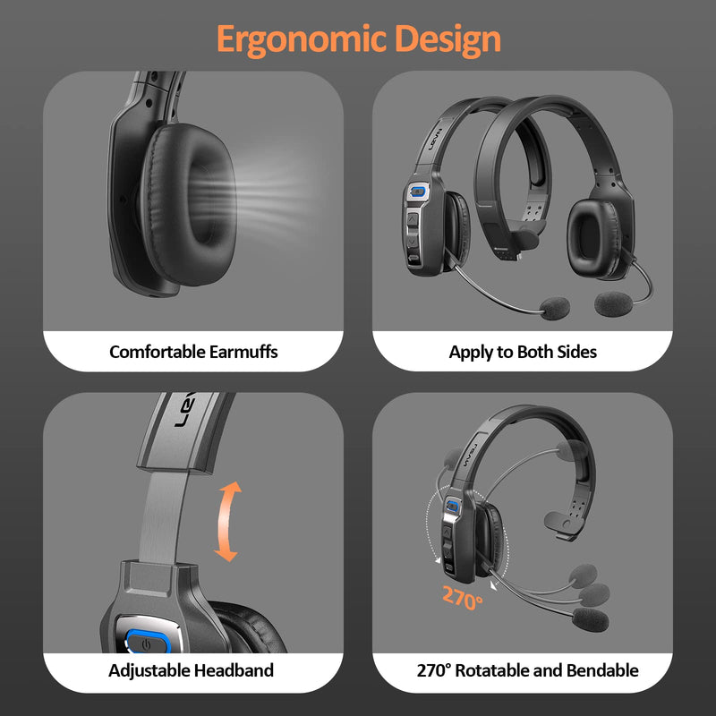 LEVN Bluetooth Headset with Microphone, Trucker Bluetooth Headset with AI Noise Cancelling & Mute Button, Wireless On-Ear Headphones 60 Hrs Working Time, for Trucker Home Office Remote Work Zoom Black