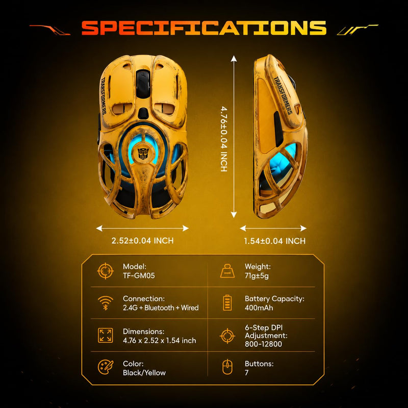 Transformers TF-GM05 Wireless Gaming Mouse, 71g Ultra-Light Hollow Mecha Design, Tri-Mode Bluetooth/2.4G/Wired, 12800 DPI, Huano Switches, PAW3311 Sensor, RGB, USB-C Rechargeable (Bumblebee Yellow) Bumblebee Yellow