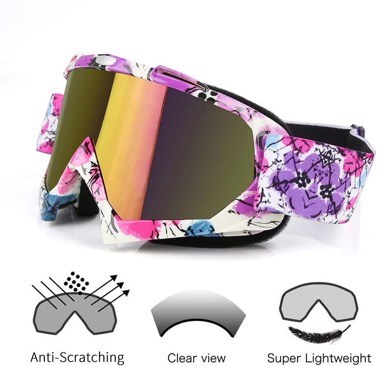 JAMIEWIN Motocross Goggles ATV Dirt Bike Motorcycle UTV MX OTG Offroad Riding Goggles Anti UV Dustproof Anti Fog Racing Skiing Goggles for Men Women Youth Kids Camo Pink Frame + Color Lens