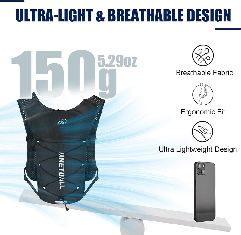 Running Vest for Women & Men, Lightweight 150g Hydration Backpack, 6L Pack for Trail Running, Marathon, Hiking, Cycling, Jogging, Adjustable Fit Black Vest with 2L Bladder