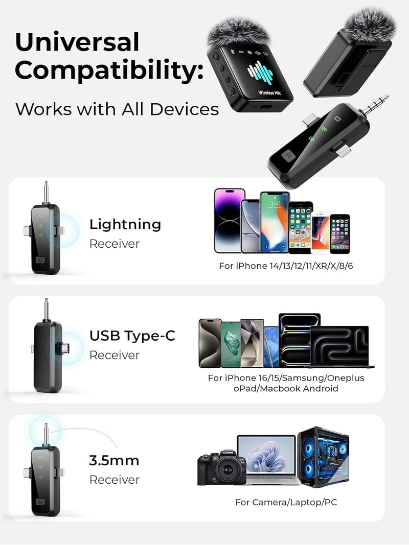 MENERESAS Wireless Microphone for iPhone: 40dB Noise Canceling Mini Mic with 20Hz-20kHz Audio, 328ft Range, 20H Battery, 3-in-1 Lavalier Microphone for Video Recording Elegant Black