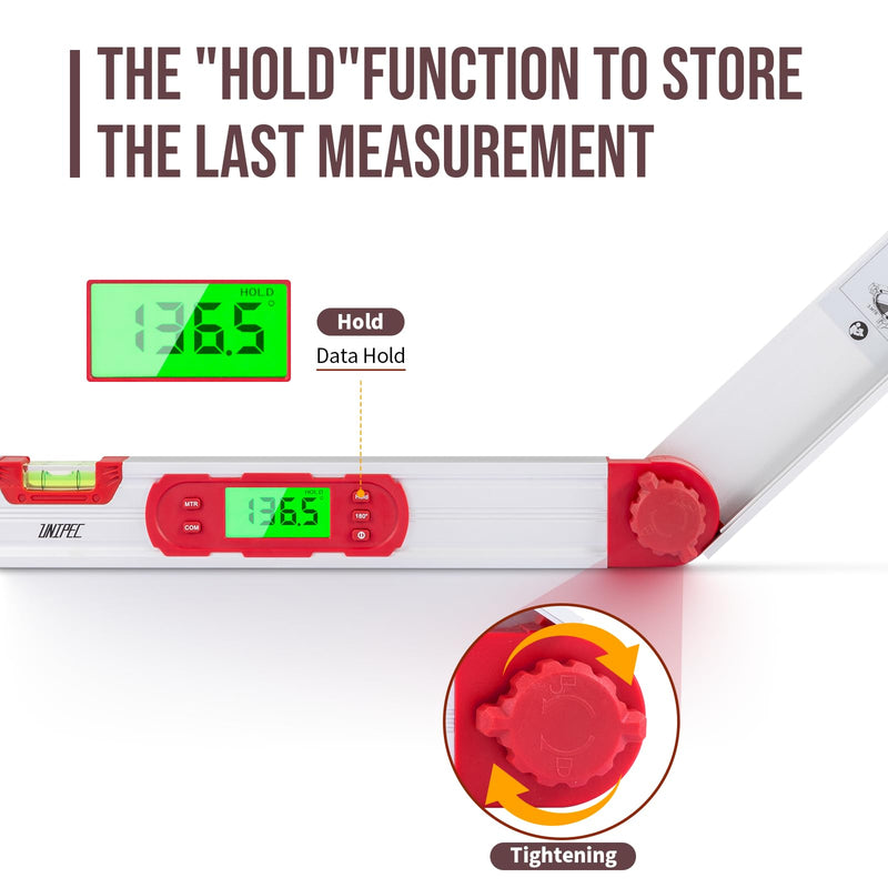 16-Inch Digital Angle Finder with MTR & COM, ±0.2° Accuracy for Woodworking & DIY | 0–220° Protractor, Backlit LCD, Aluminum Alloy Angle Gauge with Leg Extension, Vertical/Horizontal Levels