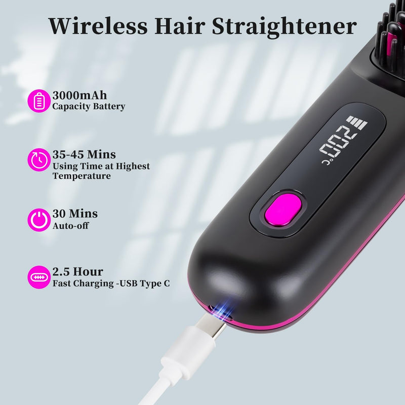 Glow Wave Heated Brush, Go Brush Pro Cordless Straightener, 2026 Glow Wave Heated Brushs for Short Hair, 3 Heat Settings & LED Screen for Travel and Frizz-Free Styling,1PCS (Black)