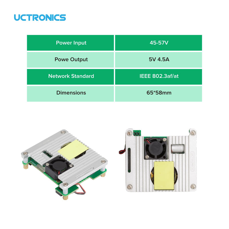 UCTRONICS PoE Hat for Raspberry Pi 5, Power Over Ethernet HAT for Raspberry Pi 4B/3B+, Support 802.3af PoE Network Standard with Heatsinks and Onboard Cooling Fan
