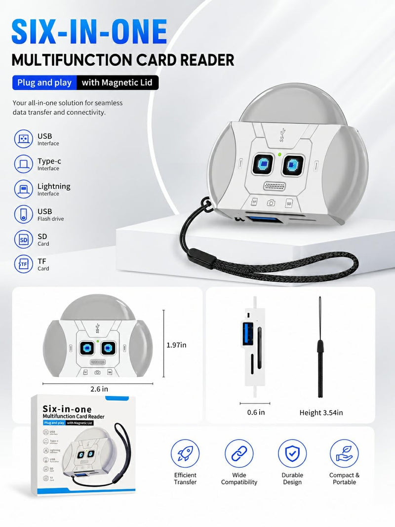 6-in-1 USB C Memory Card Reader Adapter | For Digital Camera, Dual Slot, Supports SD, SDHC, SDXC, MMC, RS-MMC, Micro SD & UHS-I Cards